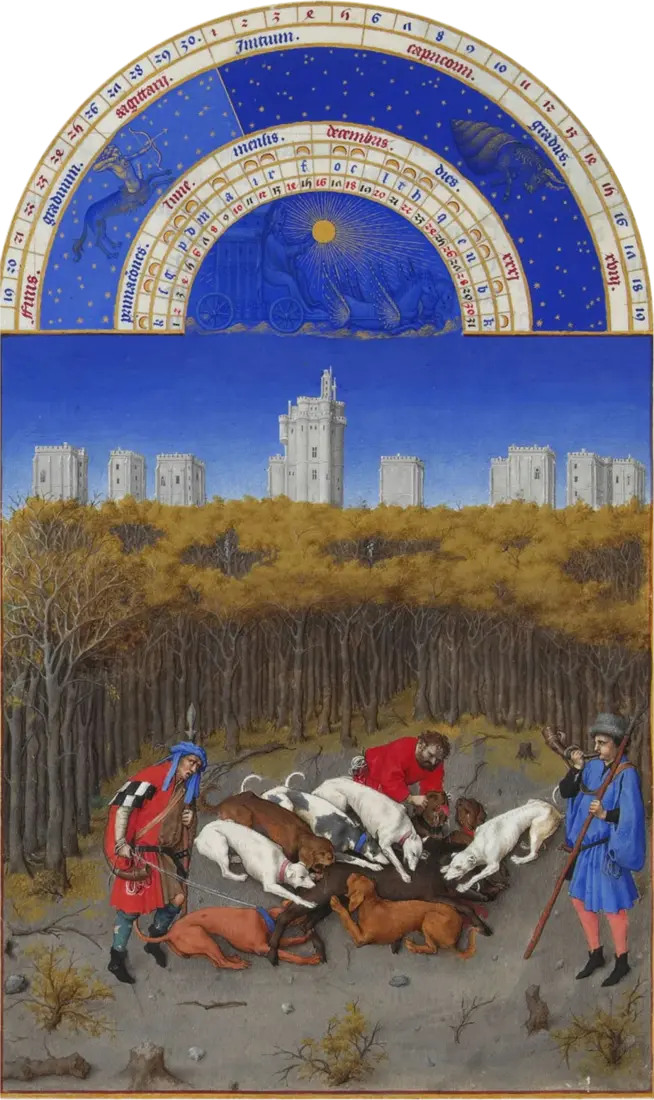 Iluminura de dezembro das Très Riches Heures: a caça ao javali no bosque de Vincennes