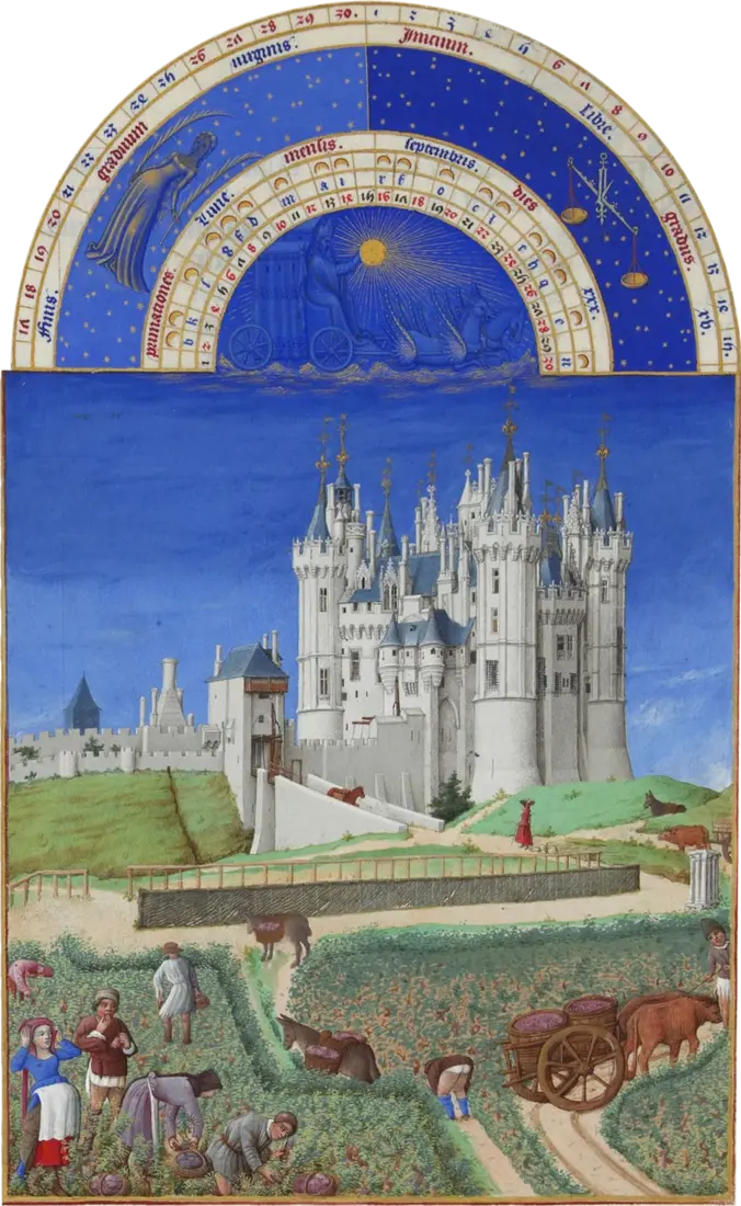 Iluminura de setembro das Très Riches Heures: a vindima ao pé do castelo de Saumur