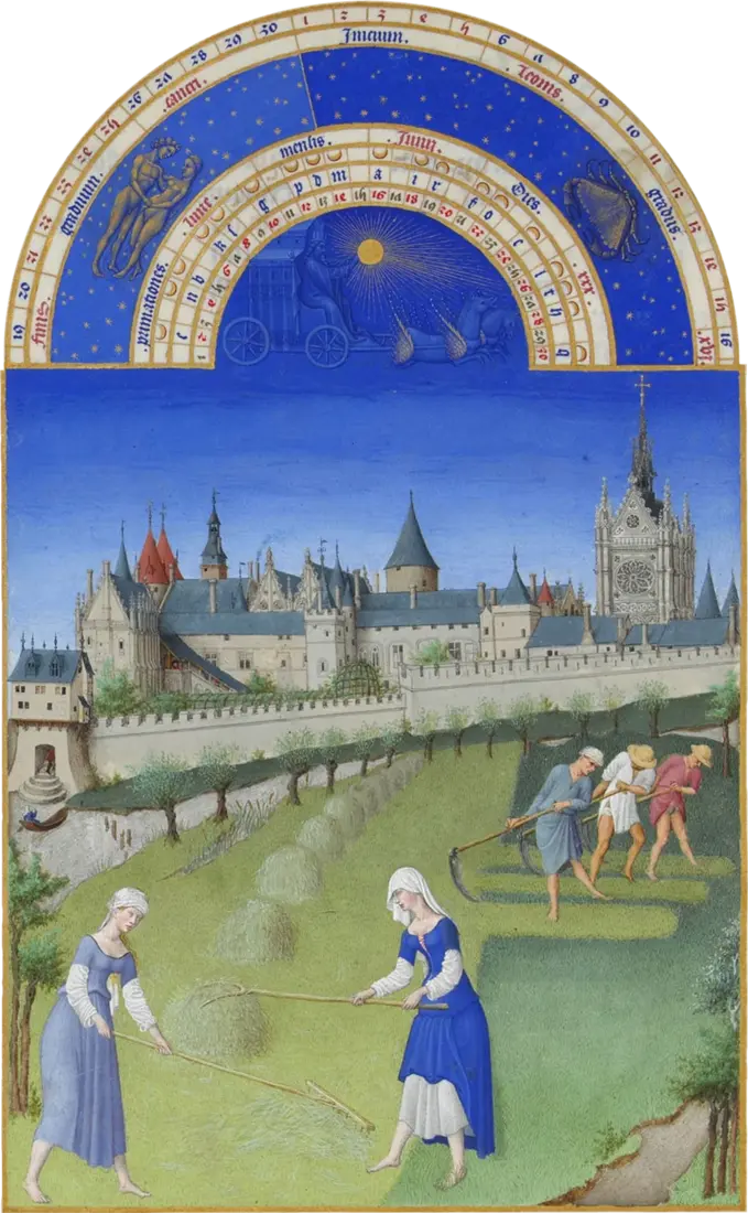 Iluminura de junho das Très Riches Heures: a fenação diante do palácio da Cité