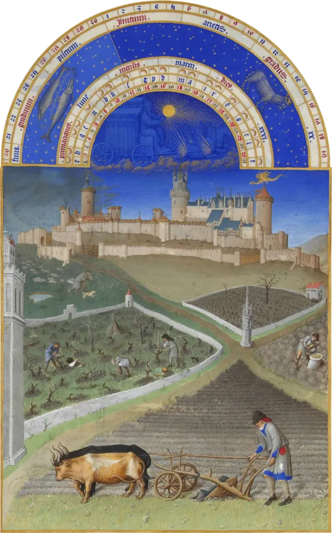 Iluminura de março das Très Riches Heures: a lavoura diante do castelo de Lusignan
