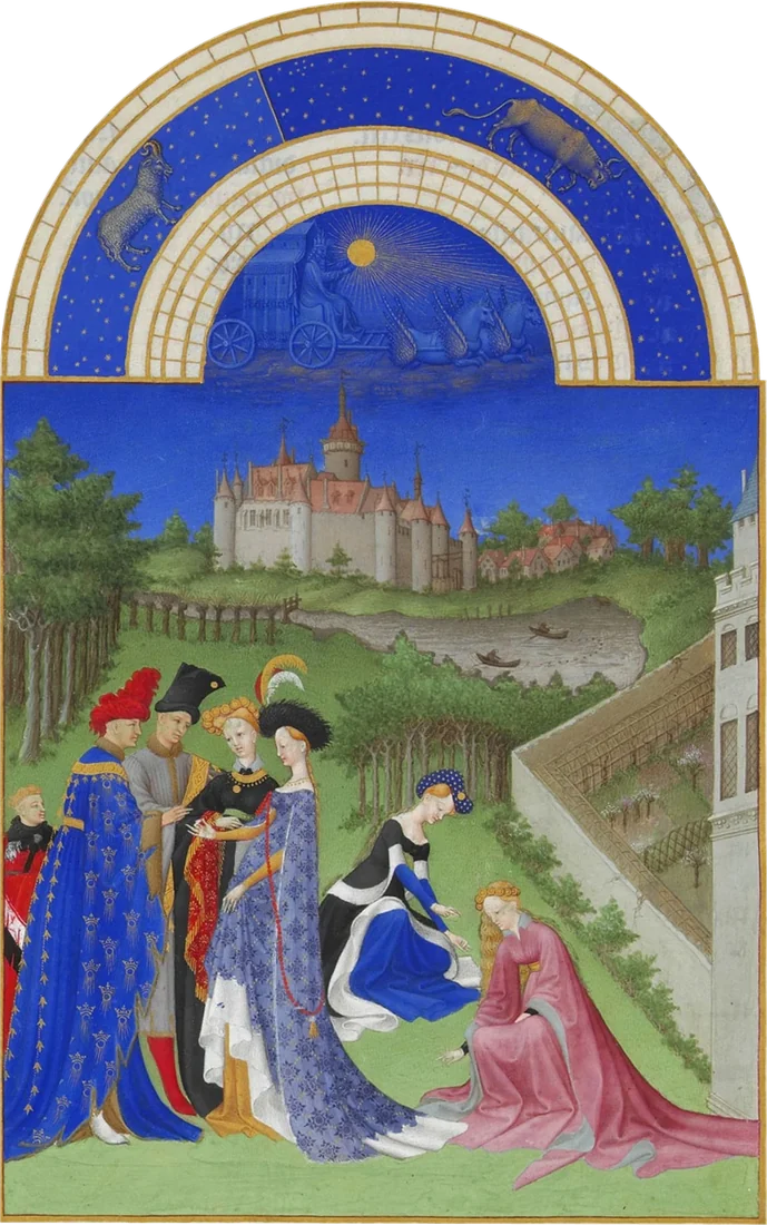 Iluminura de abril das Très Riches Heures: um noivado no jardim, com a troca das alianças, diante do castelo de Dourdan
